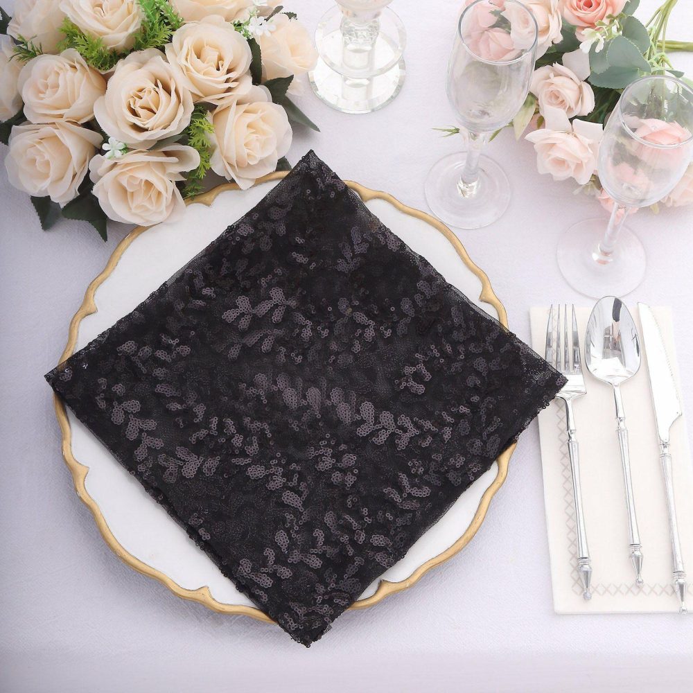 Sparkly Black Leaf Vine Embroidered Sequin Tulle Cloth Dinner Napkins, Sheer Decorative Napkins  |   Shimmer & Sequin Cloth Napkins Black