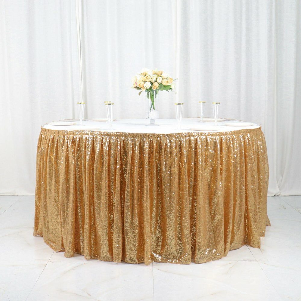 Sparkly Gold Sequin Pleated Satin Table Skirt With Top Velcro Strip 17ft  |   Satin Shimmer Satin Shimmer Gold