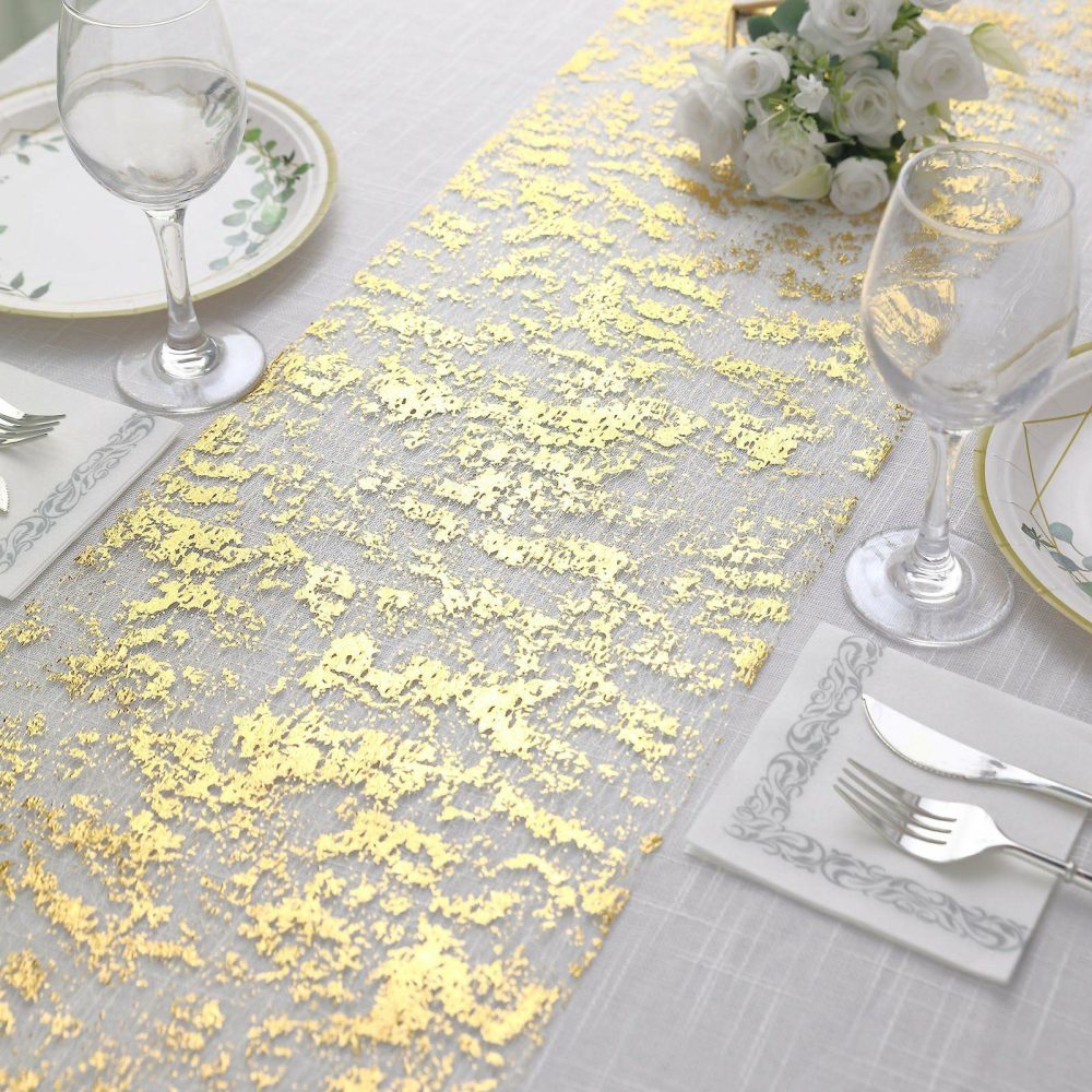 Sparkly Metallic Gold Foil Thin Mesh Polyester Table Runner 25GSM 108″  |   Stylish Stylish Metallic Gold