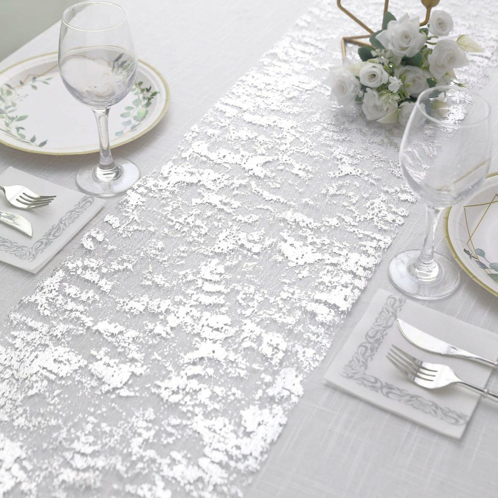 Sparkly Metallic Silver Foil Thin Mesh Polyester Table Runner 25GSM 108″  |   Stylish Stylish Metallic Silver