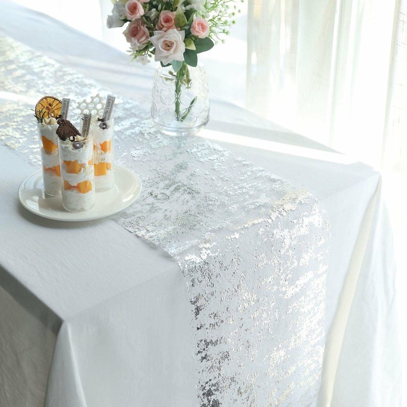 Sparkly Metallic Silver Foil Thin Mesh Polyester Table Runner 25GSM 108″  |   Stylish Stylish Metallic Silver