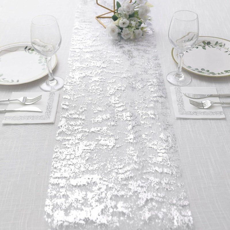 Sparkly Metallic Silver Foil Thin Mesh Polyester Table Runner 25GSM 108″  |   Stylish Stylish Metallic Silver