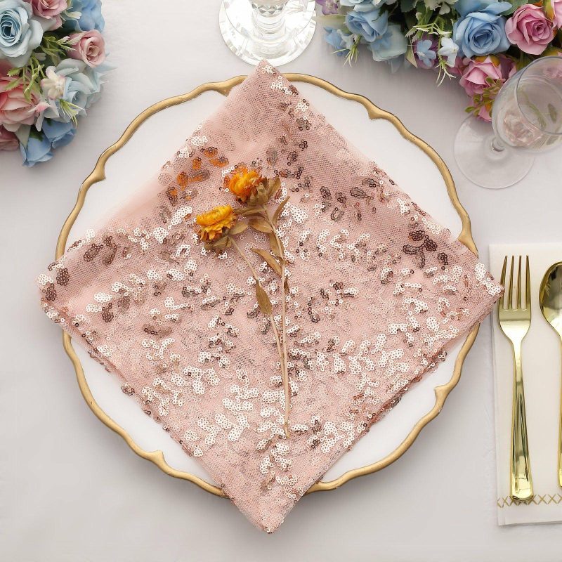 Sparkly Rose Gold Leaf Vine Embroidered Sequin Tulle Cloth Dinner Napkins, Sheer Decorative Napkins  |   Shimmer & Sequin Cloth Napkins Rose gold