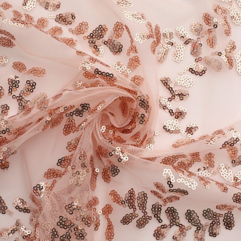 Sparkly Rose Gold Leaf Vine Embroidered Sequin Tulle Cloth Dinner Napkins, Sheer Decorative Napkins  |   Shimmer & Sequin Cloth Napkins Rose gold