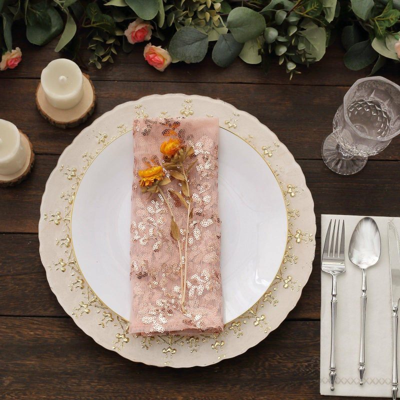 Sparkly Rose Gold Leaf Vine Embroidered Sequin Tulle Cloth Dinner Napkins, Sheer Decorative Napkins  |   Shimmer & Sequin Cloth Napkins Rose gold