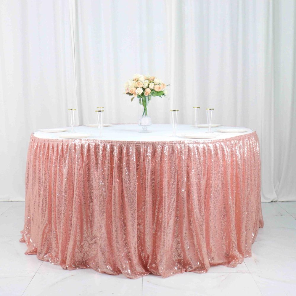 Sparkly Rose Gold Sequin Pleated Satin Table Skirt With Top Velcro Strip 17ft  |   Satin Shimmer Satin Shimmer Rose gold