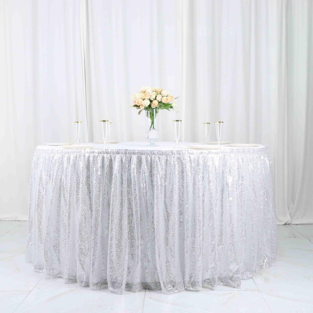 Sparkly Silver Sequin Pleated Satin Table Skirt With Top Velcro Strip 17ft  |   Satin Shimmer Satin Shimmer Satin Shimmer