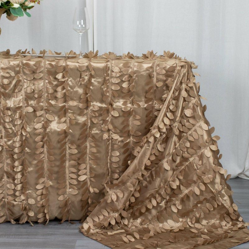 Taupe 3D Leaf Petal Taffeta Fabric Seamless Rectangle Tablecloth 90″x132″ for 6 Foot Table With Floor-Length Drop  |   Pintuck, Crinkle & Leaf Pintuck, Crinkle & Leaf Pintuck, Crinkle & Leaf