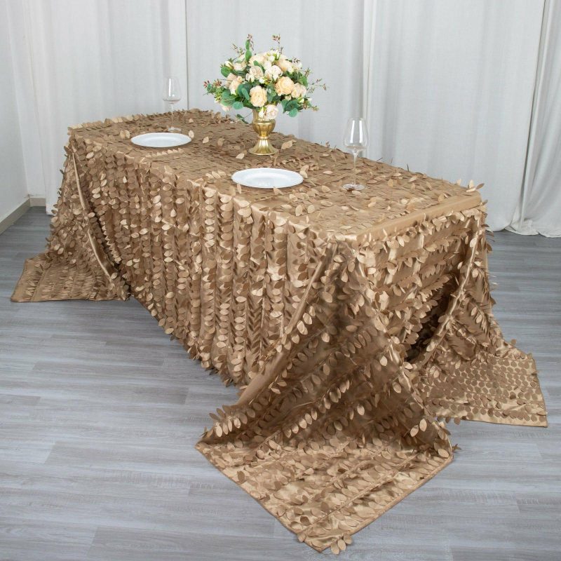 Taupe 3D Leaf Petal Taffeta Fabric Seamless Rectangle Tablecloth 90″x132″ for 6 Foot Table With Floor-Length Drop  |   Pintuck, Crinkle & Leaf Pintuck, Crinkle & Leaf Pintuck, Crinkle & Leaf