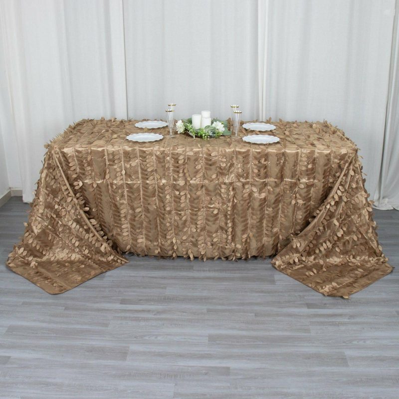 Taupe 3D Leaf Petal Taffeta Fabric Seamless Rectangle Tablecloth 90″x132″ for 6 Foot Table With Floor-Length Drop  |   Pintuck, Crinkle & Leaf Pintuck, Crinkle & Leaf Pintuck, Crinkle & Leaf