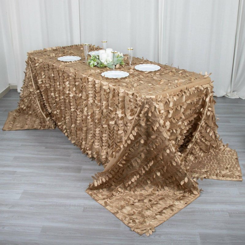 Taupe 3D Leaf Petal Taffeta Fabric Seamless Rectangle Tablecloth 90″x132″ for 6 Foot Table With Floor-Length Drop  |   Pintuck, Crinkle & Leaf Pintuck, Crinkle & Leaf Pintuck, Crinkle & Leaf