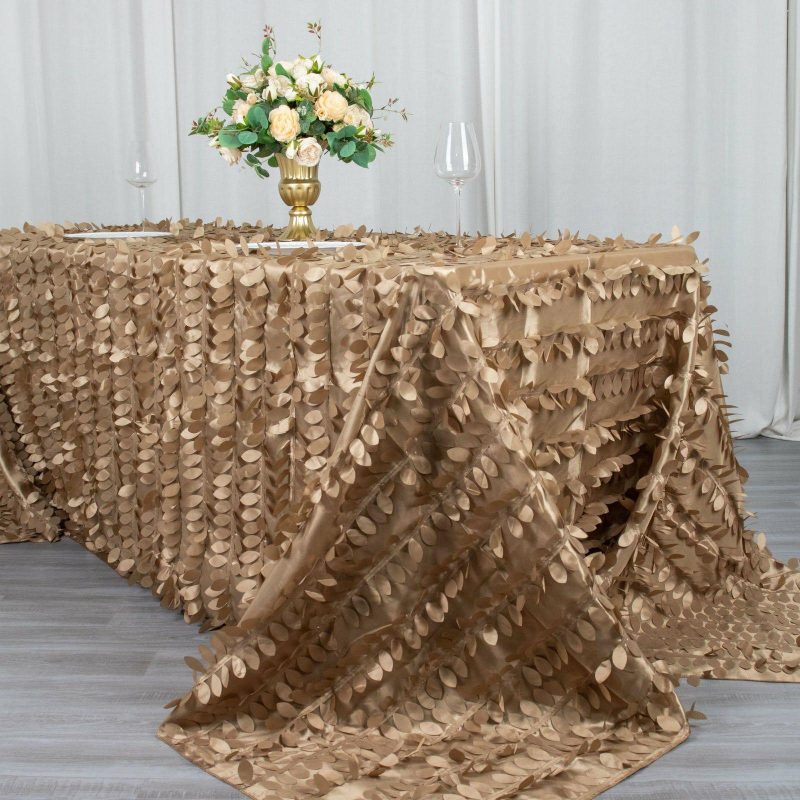 Taupe 3D Leaf Petal Taffeta Fabric Seamless Rectangle Tablecloth 90″x132″ for 6 Foot Table With Floor-Length Drop  |   Pintuck, Crinkle & Leaf Pintuck, Crinkle & Leaf Pintuck, Crinkle & Leaf