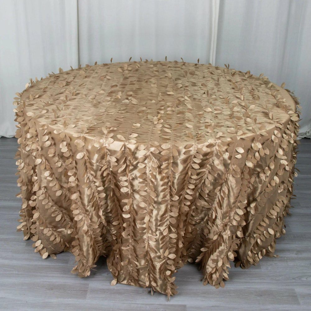 Taupe 3D Leaf Petal Taffeta Fabric Seamless Round Tablecloth 120″ for 5 Foot Table With Floor-Length Drop  |   Pintuck, Crinkle & Leaf Pintuck, Crinkle & Leaf Pintuck, Crinkle & Leaf