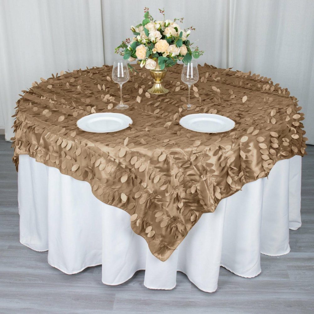 Taupe 3D Leaf Petal Taffeta Fabric Table Overlay 72″x72″  |   Satin & Taffeta Satin & Taffeta Satin & Taffeta