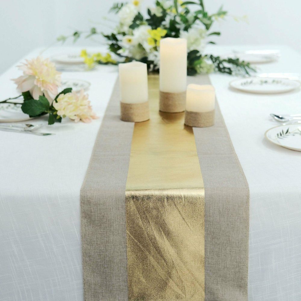 Taupe / Gold Foil Center Rustic Faux Jute Linen Table Runner 12″x108″  |   Jute Burlap & Lace Jute Burlap & Lace Center Stripe