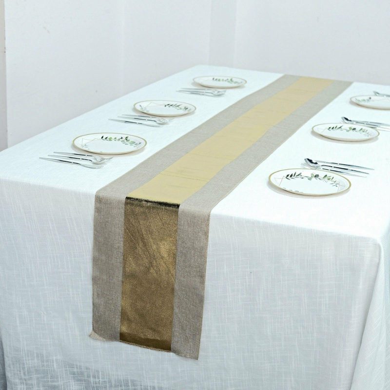 Taupe / Gold Foil Center Rustic Faux Jute Linen Table Runner 12″x108″  |   Jute Burlap & Lace Jute Burlap & Lace Center Stripe