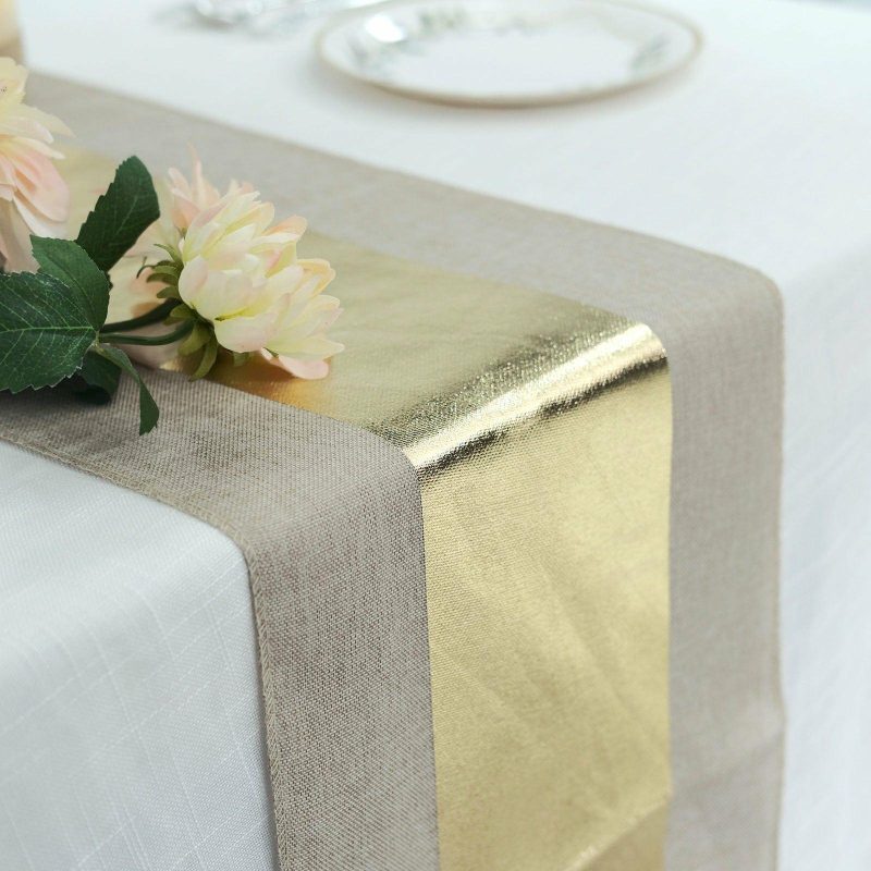 Taupe / Gold Foil Center Rustic Faux Jute Linen Table Runner 12″x108″  |   Jute Burlap & Lace Jute Burlap & Lace Center Stripe