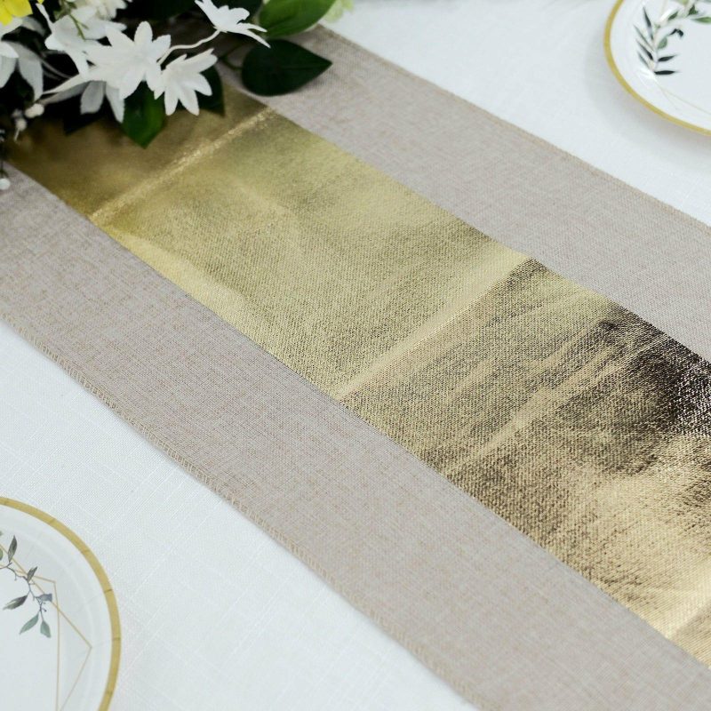 Taupe / Gold Foil Center Rustic Faux Jute Linen Table Runner 12″x108″  |   Jute Burlap & Lace Jute Burlap & Lace Center Stripe