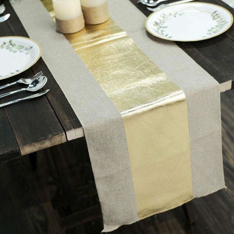 Taupe / Gold Foil Center Rustic Faux Jute Linen Table Runner 12″x108″  |   Jute Burlap & Lace Jute Burlap & Lace Center Stripe