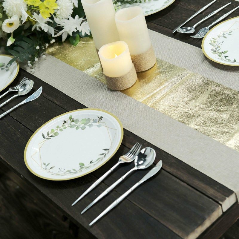 Taupe / Gold Foil Center Rustic Faux Jute Linen Table Runner 12″x108″  |   Jute Burlap & Lace Jute Burlap & Lace Center Stripe