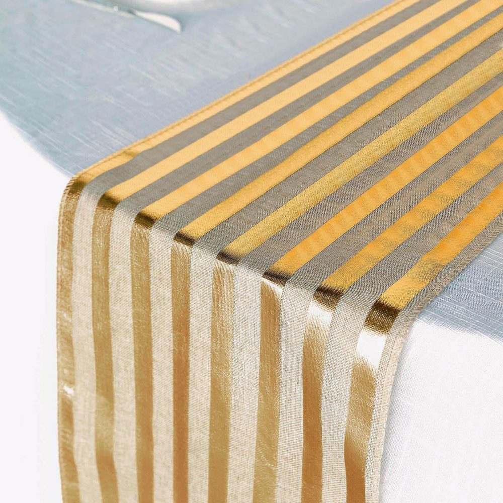 Taupe / Gold Foil Stripes Rustic Faux Jute Linen Table Runner 12″x108″  |   Jute Burlap & Lace Jute Burlap & Lace Bengal Stripe