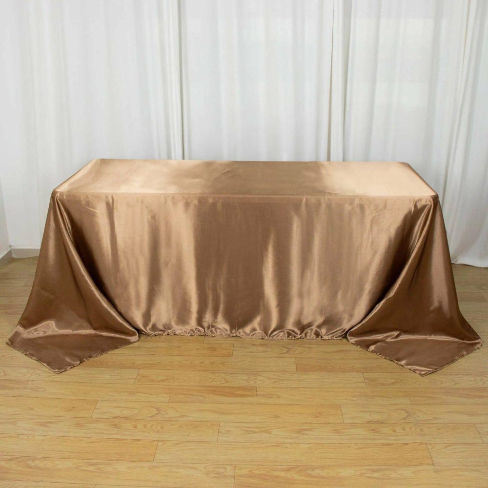 Taupe Satin Seamless Rectangular Tablecloth 90″x132″ for 6 Foot Table With Floor-Length Drop  |   Satin Satin Satin