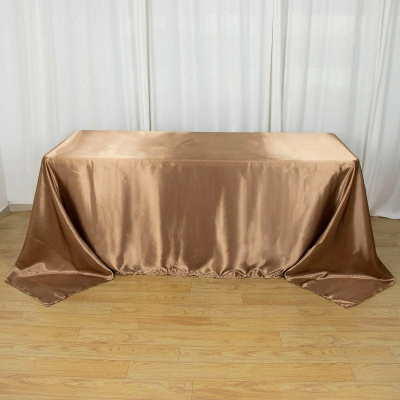 Taupe Satin Seamless Rectangular Tablecloth 90″x132″ for 6 Foot Table With Floor-Length Drop  |   Satin Satin Satin