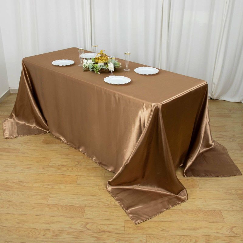 Taupe Satin Seamless Rectangular Tablecloth 90″x132″ for 6 Foot Table With Floor-Length Drop  |   Satin Satin Satin