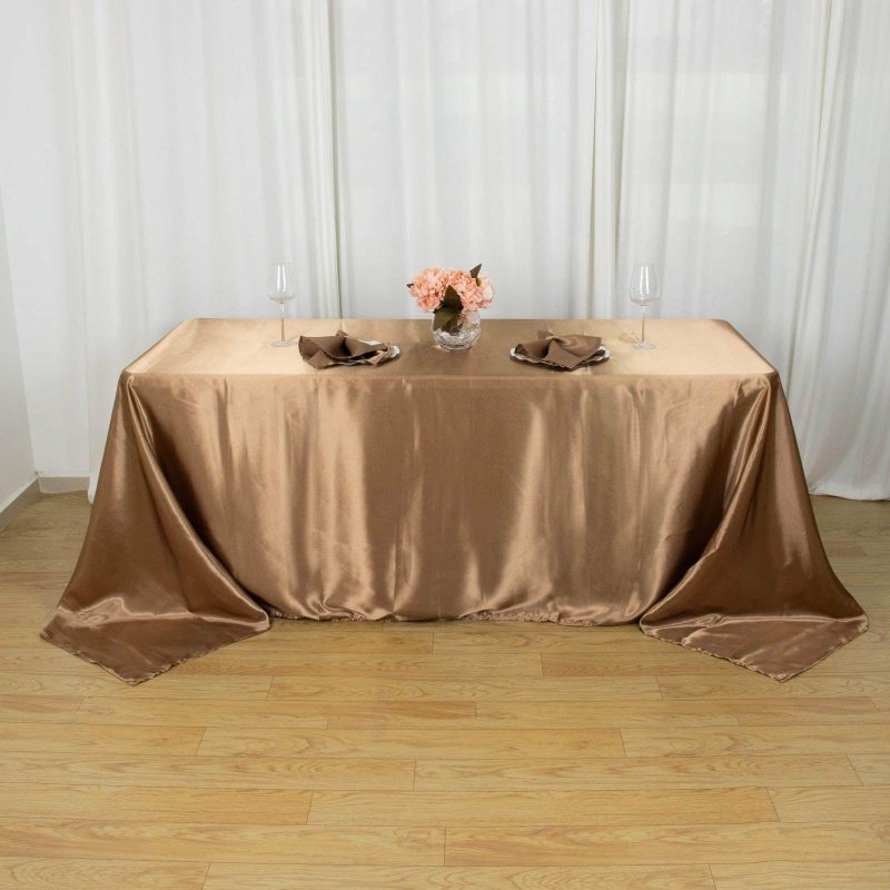 Taupe Satin Seamless Rectangular Tablecloth 90″x132″ for 6 Foot Table With Floor-Length Drop  |   Satin Satin Satin