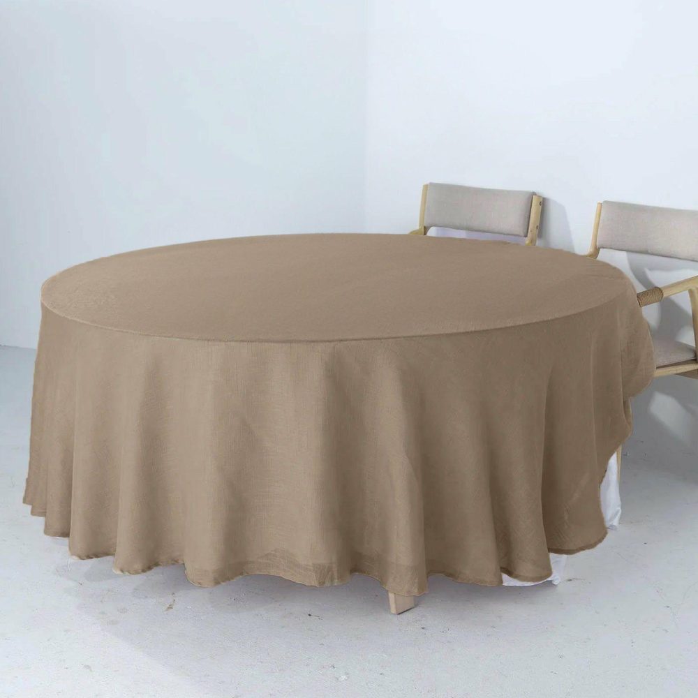 Taupe Seamless Linen Round Tablecloth, Slubby Textured Wrinkle Resistant Tablecloth 108″  |   Jute Burlap & Lace Jute Burlap & Lace Jute Burlap & Lace