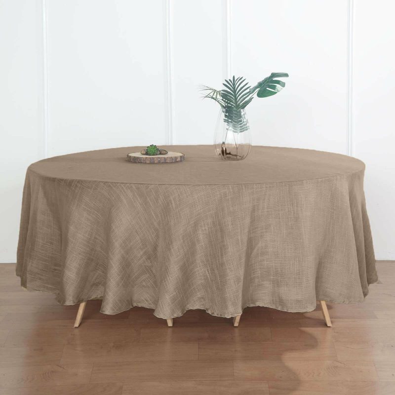 Taupe Seamless Linen Round Tablecloth, Slubby Textured Wrinkle Resistant Tablecloth 108″  |   Jute Burlap & Lace Jute Burlap & Lace Jute Burlap & Lace