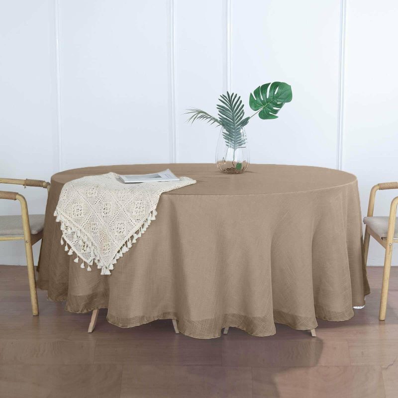 Taupe Seamless Linen Round Tablecloth, Slubby Textured Wrinkle Resistant Tablecloth 108″  |   Jute Burlap & Lace Jute Burlap & Lace Jute Burlap & Lace