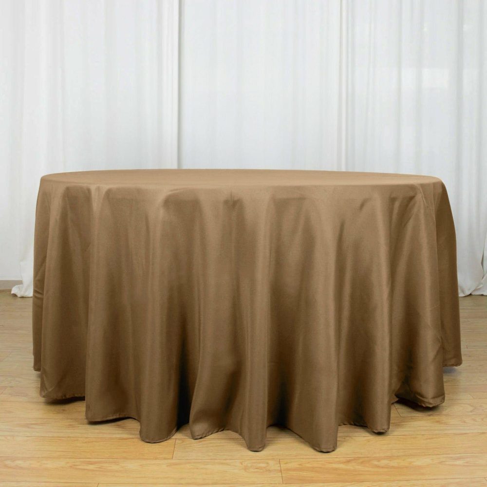 Taupe Seamless Polyester Round Tablecloth 120″ for 5 Foot Table With Floor-Length Drop  |   Polyester Polyester Polyester