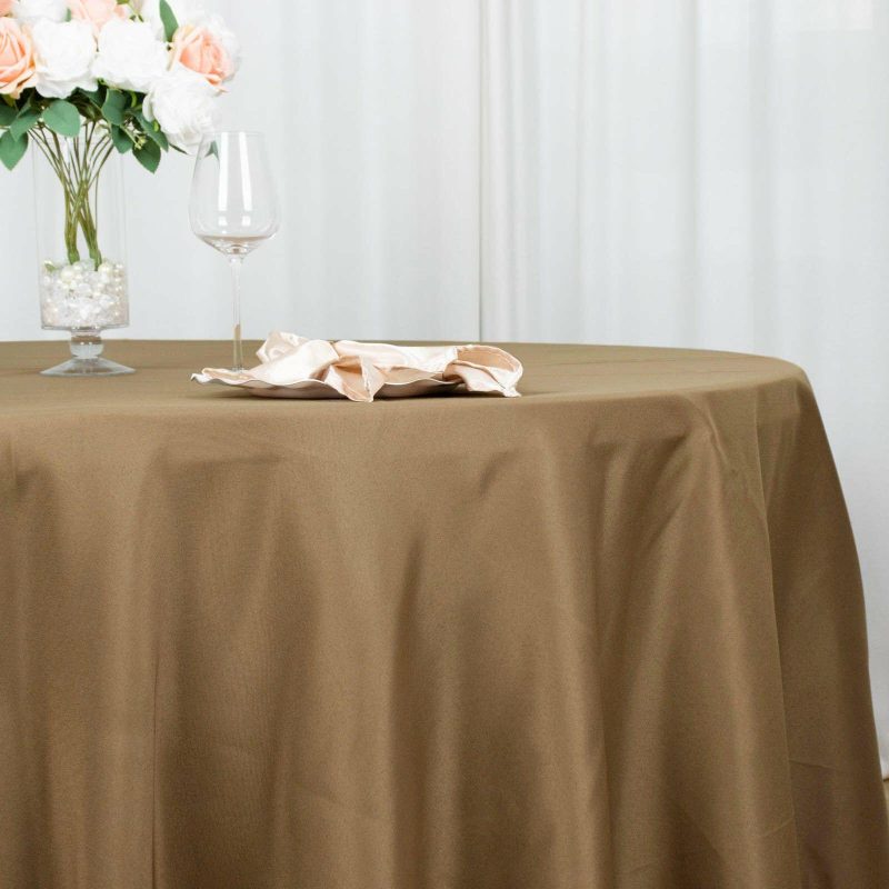 Taupe Seamless Polyester Round Tablecloth 120″ for 5 Foot Table With Floor-Length Drop  |   Polyester Polyester Polyester