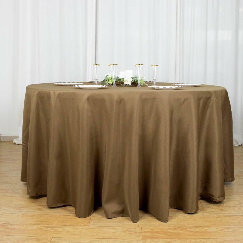 Taupe Seamless Polyester Round Tablecloth 120″ for 5 Foot Table With Floor-Length Drop  |   Polyester Polyester Polyester