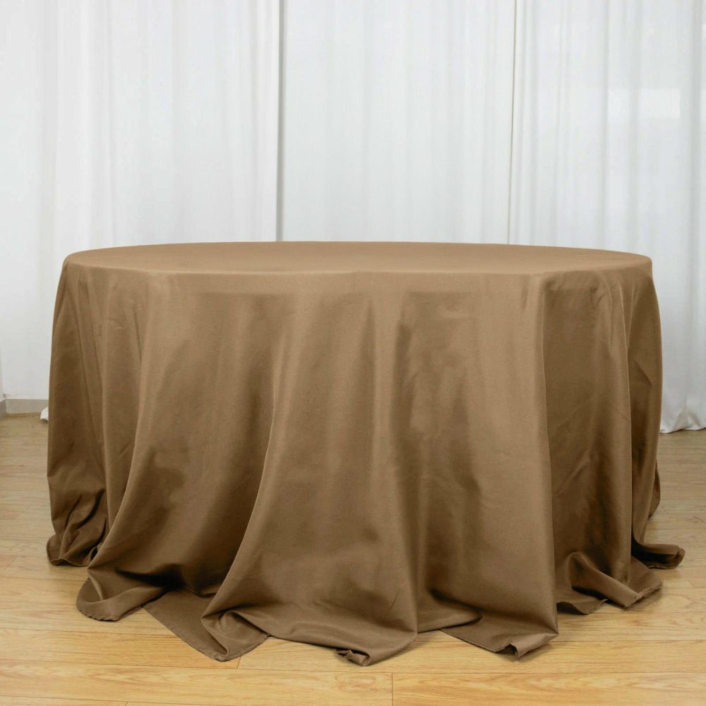 Taupe Seamless Polyester Round Tablecloth 132″ for 6 Foot Table With Floor-Length Drop  |   Polyester Polyester Polyester