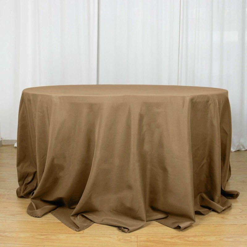 Taupe Seamless Polyester Round Tablecloth 132″ for 6 Foot Table With Floor-Length Drop  |   Polyester Polyester Polyester