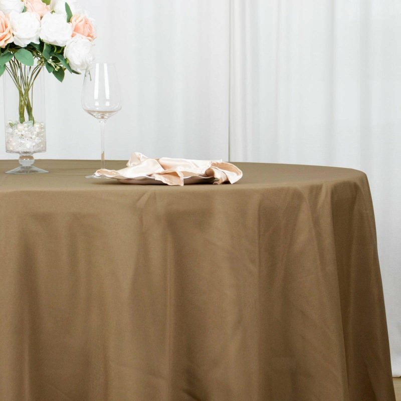 Taupe Seamless Polyester Round Tablecloth 132″ for 6 Foot Table With Floor-Length Drop  |   Polyester Polyester Polyester