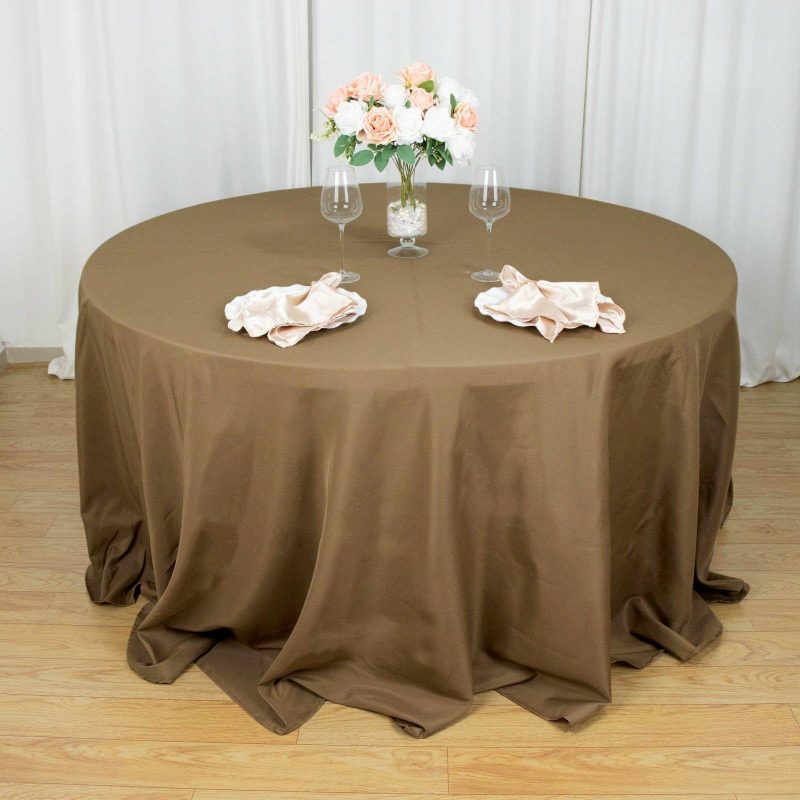 Taupe Seamless Polyester Round Tablecloth 132″ for 6 Foot Table With Floor-Length Drop  |   Polyester Polyester Polyester