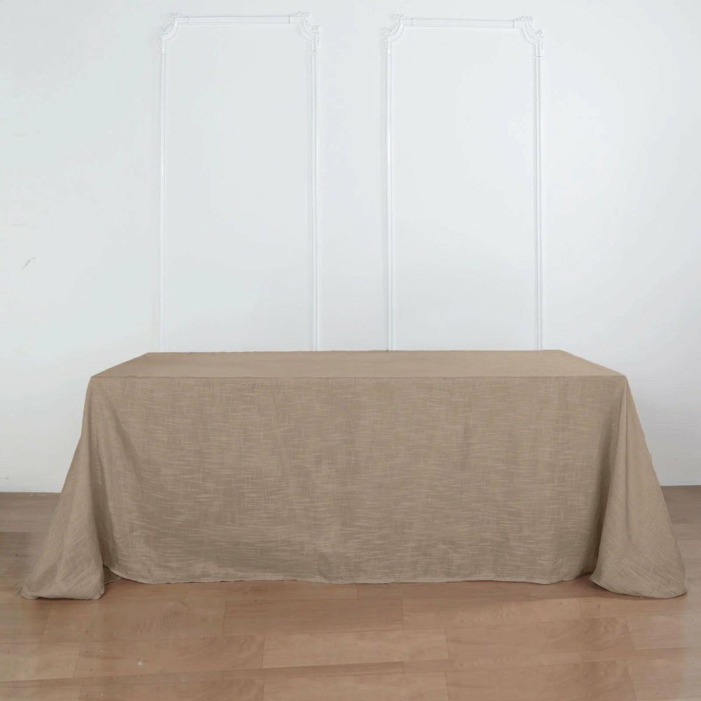 Taupe Seamless Rectangular Tablecloth, Linen Table Cloth With Slubby Textured, Wrinkle Resistant 90″x132″ for 6 Foot Table With Floor-Length Drop  |   Jute Burlap & Lace Jute Burlap & Lace Jute Burlap & Lace