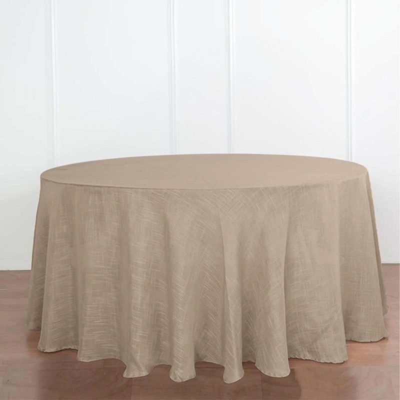 Taupe Seamless Round Tablecloth, Linen Table Cloth With Slubby Textured, Wrinkle Resistant 120″ for 5 Foot Table With Floor-Length Drop  |   Jute Burlap & Lace Jute Burlap & Lace Jute Burlap & Lace