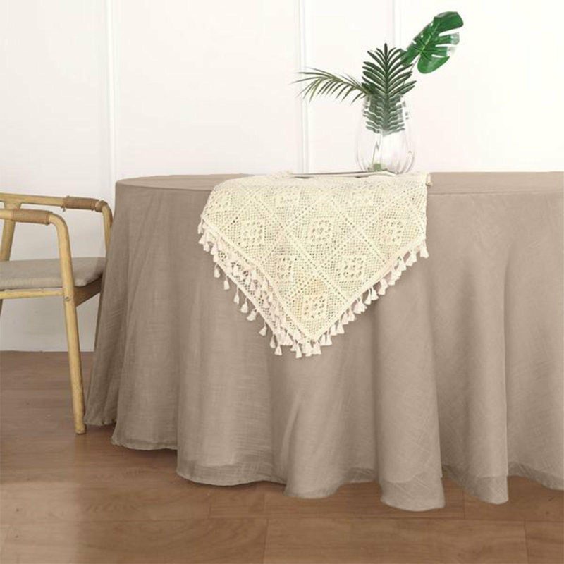 Taupe Seamless Round Tablecloth, Linen Table Cloth With Slubby Textured, Wrinkle Resistant 120″ for 5 Foot Table With Floor-Length Drop  |   Jute Burlap & Lace Jute Burlap & Lace Jute Burlap & Lace