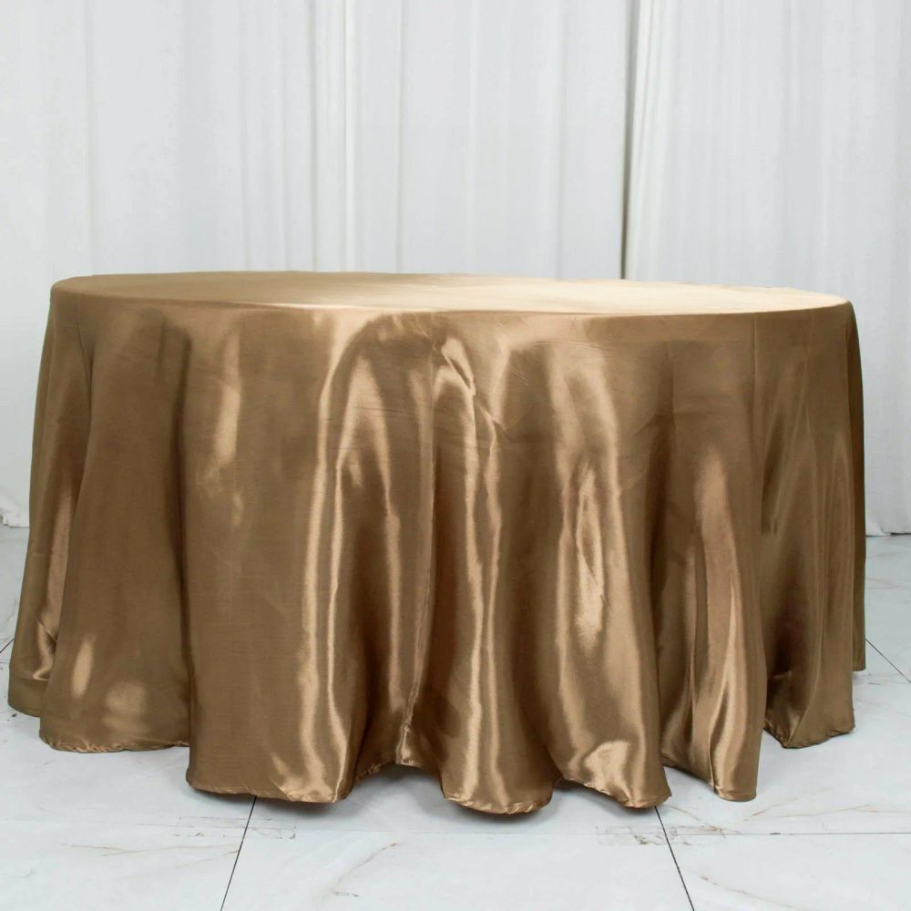 Taupe Smooth Seamless Satin Round Tablecloth 108″  |   Satin Satin Satin