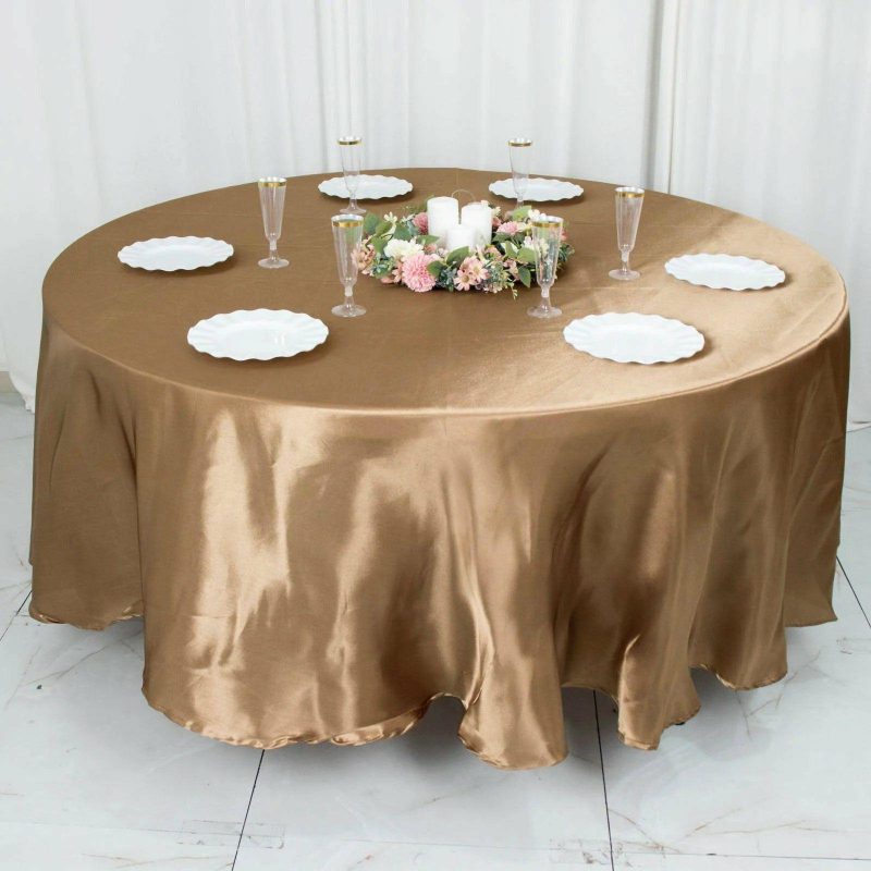 Taupe Smooth Seamless Satin Round Tablecloth 108″  |   Satin Satin Satin