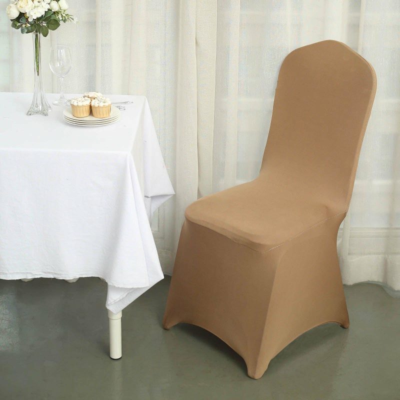 Taupe Spandex Stretch Fitted Banquet Slip On Chair Cover 160 GSM  |   Spandex Fitted Banquet Chair Covers Spandex & Fitted