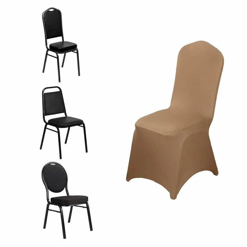 Taupe Spandex Stretch Fitted Banquet Slip On Chair Cover 160 GSM  |   Spandex Fitted Banquet Chair Covers Spandex & Fitted