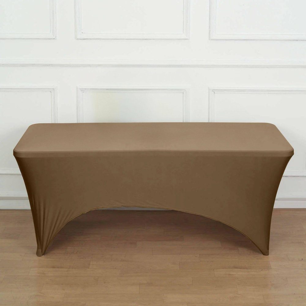 Taupe Stretch Spandex Rectangle Tablecloth 6ft Wrinkle Free Fitted Table Cover for 72″x30″ Tables  |   Spandex & Fitted Spandex & Fitted Spandex & Fitted