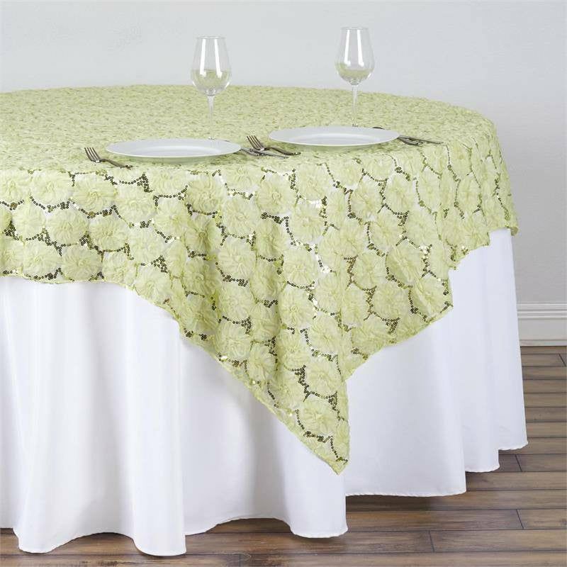 Tea Green Satin 3D Blossoms Sequin Lace Square Table Overlay 72″x72″  |   Satin & Taffeta Satin & Taffeta Satin & Taffeta