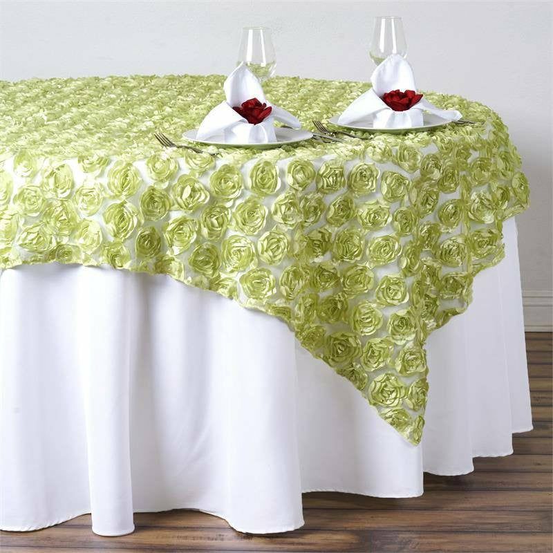 Tea Green Satin 3D Rosette Lace Square Table Overlay 72″x72″  |   Satin & Taffeta Satin & Taffeta Satin & Taffeta