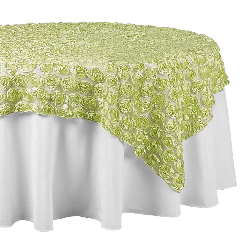 Tea Green Satin 3D Rosette Lace Square Table Overlay 72″x72″  |   Satin & Taffeta Satin & Taffeta Satin & Taffeta